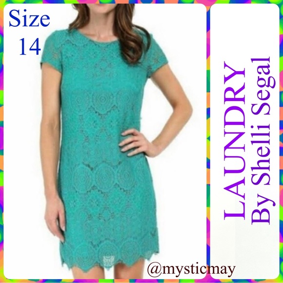 LAUNDRY Spring Green Crochet Lace Floral Medallion Overlay Shift Dress Size 14 - Picture 1 of 13